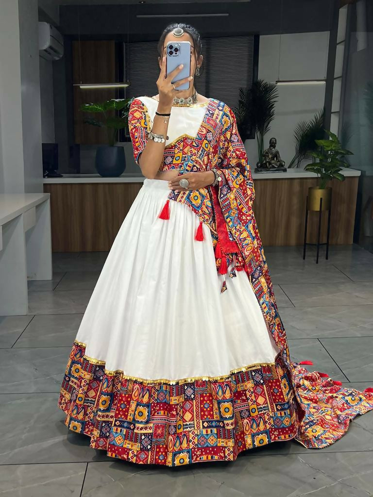Yash Enterprise White Red Rayon Cotton Embroidery Semi Stitched Navratri Chaniya Choli