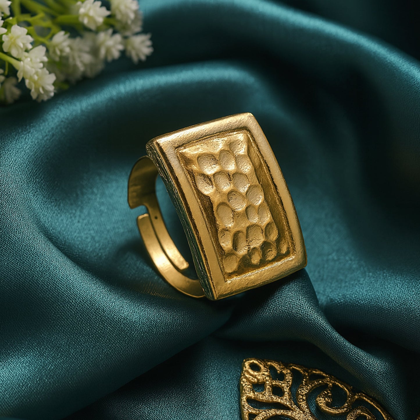 Estele Gold Tone Stylish Rectangular Designer Beaten Gold Finger Ring for Women(Adjustable)