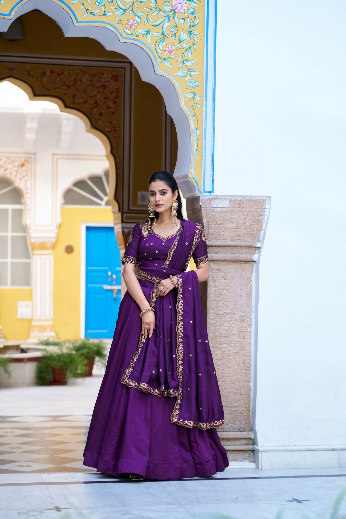 Lorenvalley Fashion Purple NC Silk Plain Lehenga Embroidery Work Choli with Dupatta