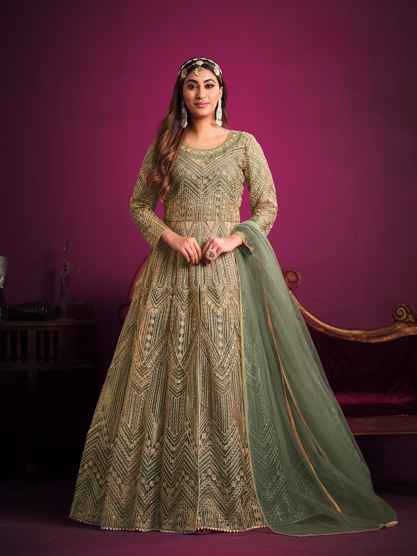 Anaita Green Embroidered Net Anarkali Suit