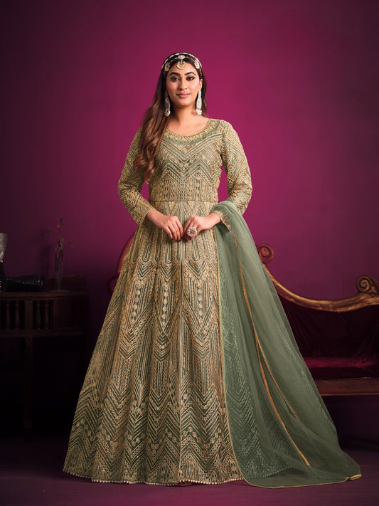 Anaita Green Embroidered Net Anarkali Suit