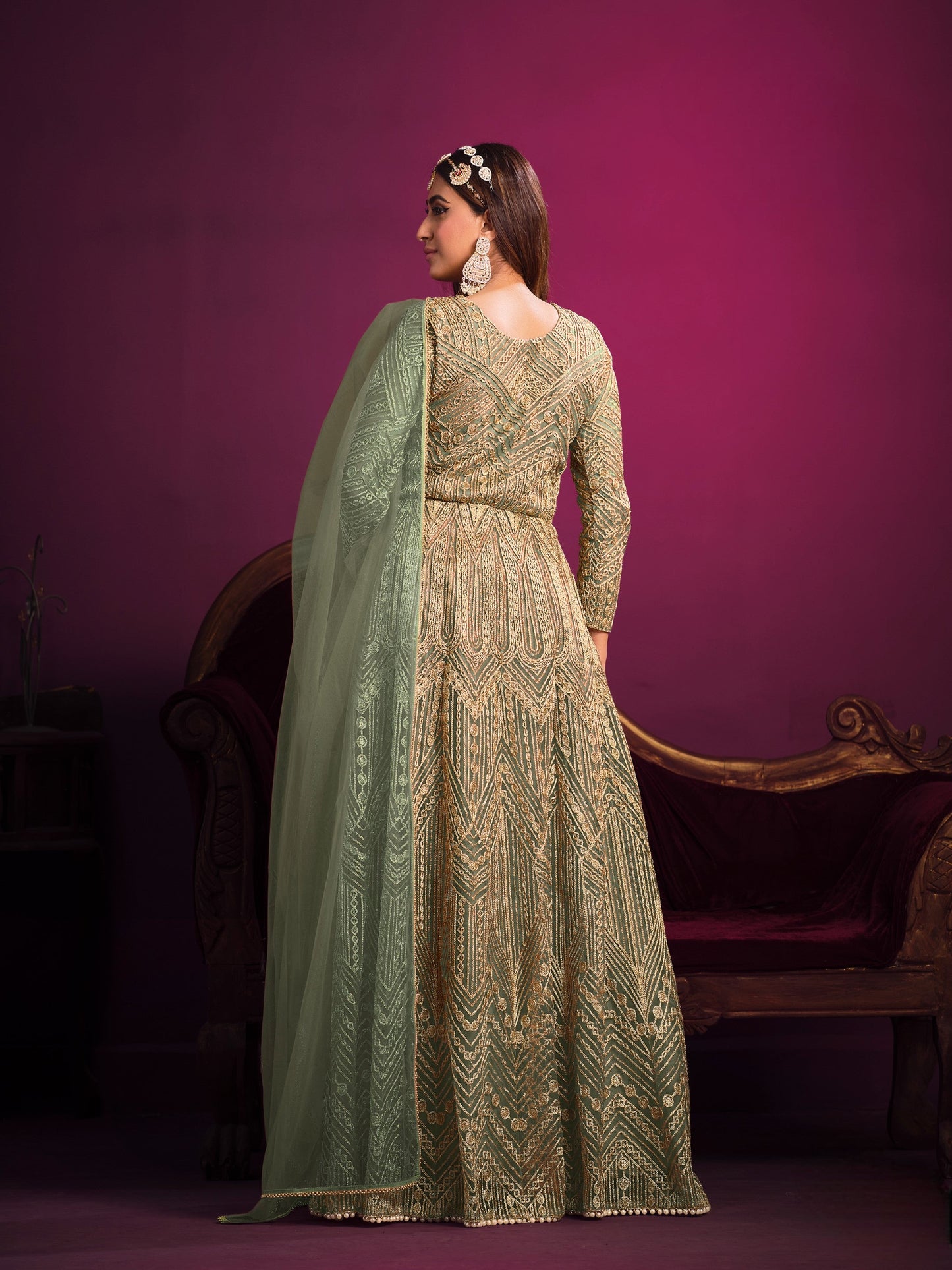 Anaita Green Embroidered Net Anarkali Suit