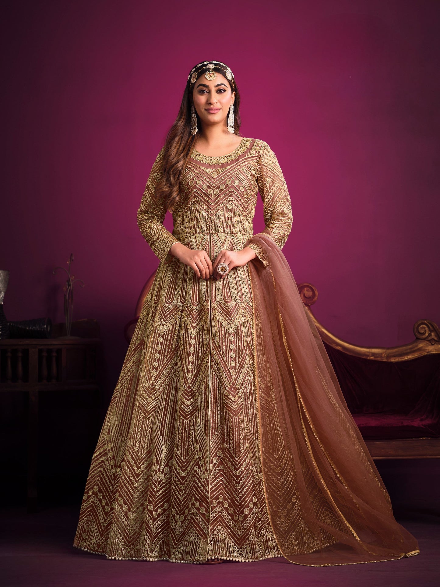 Anaita Orange Embroidered Net Anarkali Suit