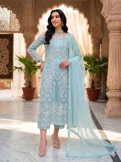 Teeya Creation Womens New Soft Net With Heavy Embroiedery With Sequence Work Sky-Blue Kurta Set