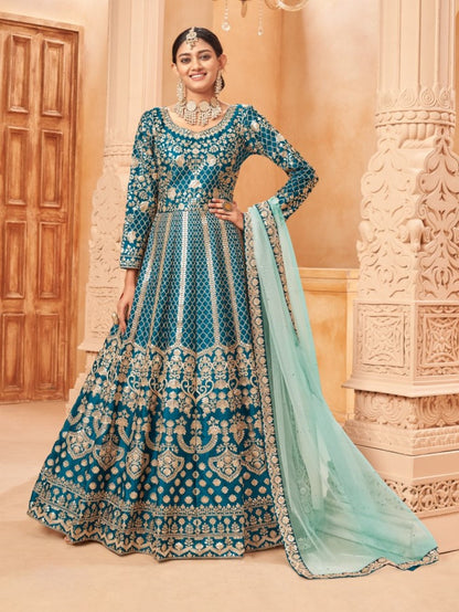 Anaita Teal Embroidered Art Silk Anarkali Suit