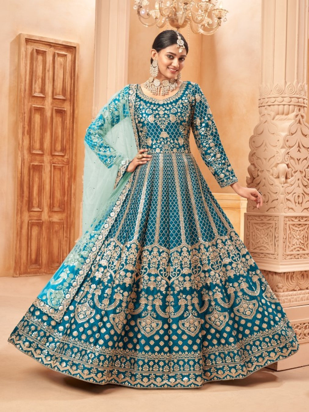 Anaita Teal Embroidered Art Silk Anarkali Suit