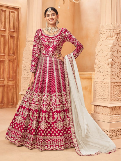 Anaita Red Embroidered Art Silk Anarkali Suit