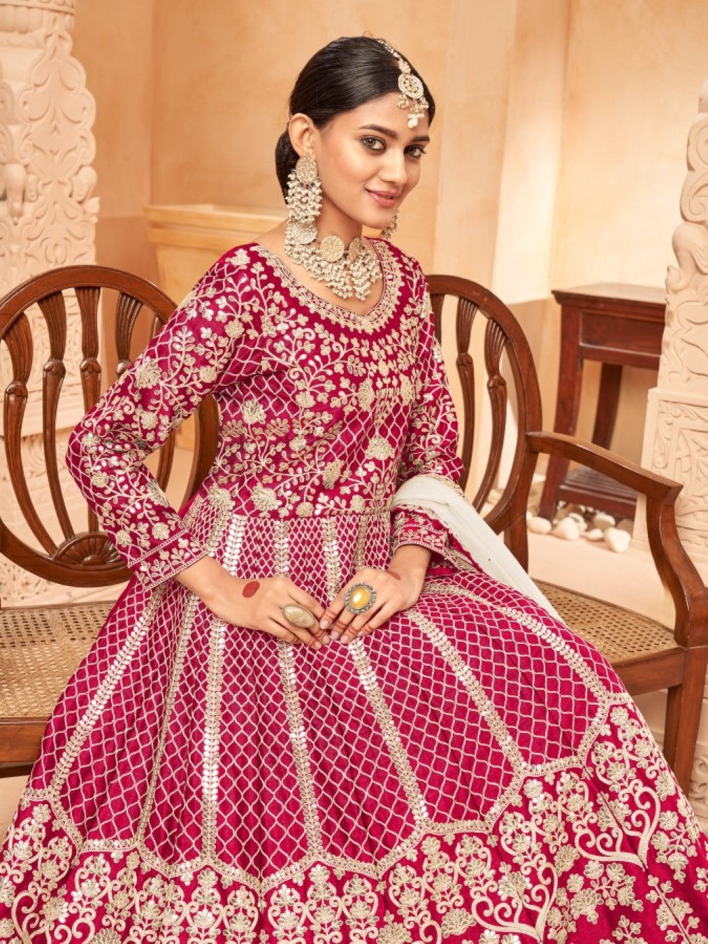 Anaita Red Embroidered Art Silk Anarkali Suit