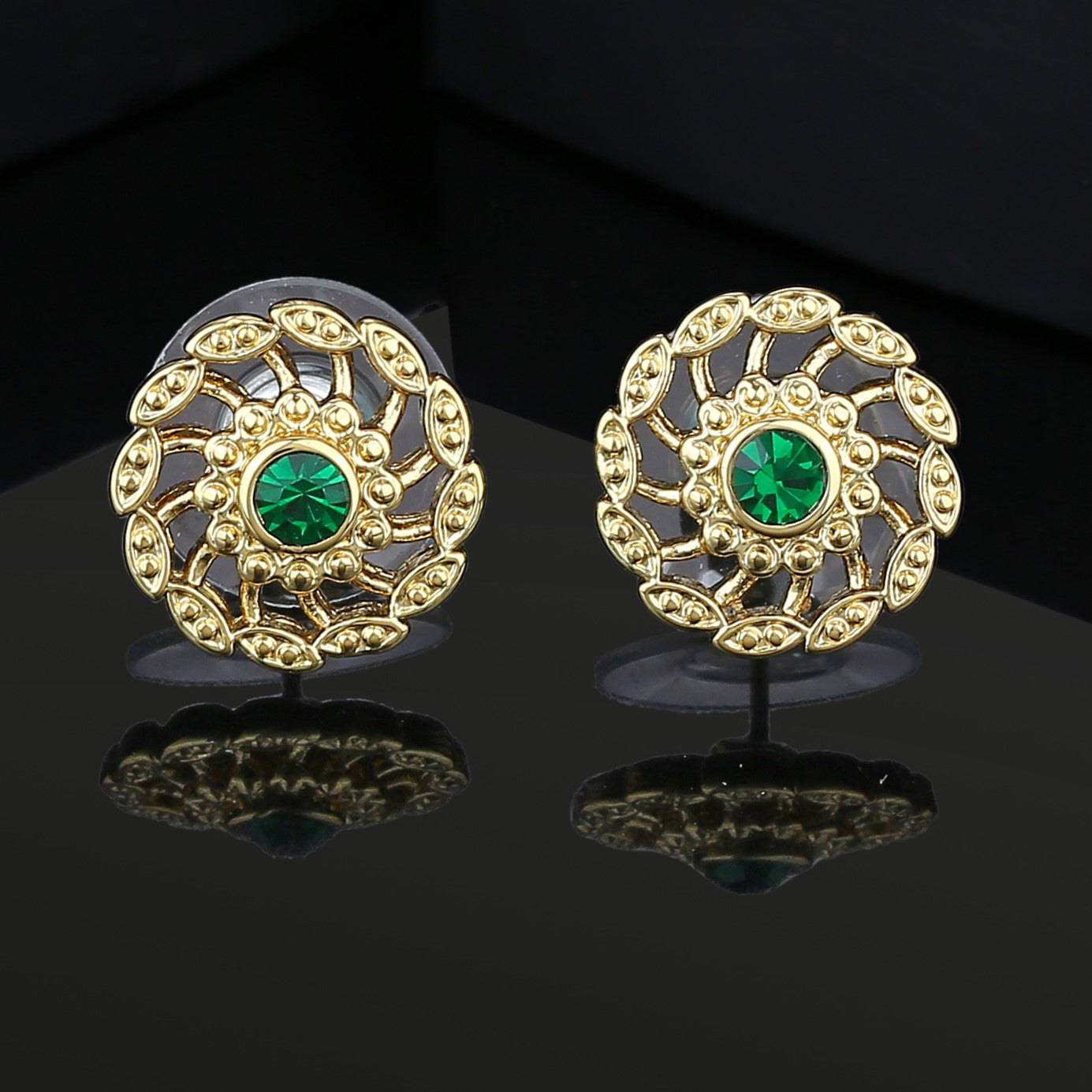 Estele Gold Plated Chakra Designer Stud Earrings with Green Enamel for Girls and Women