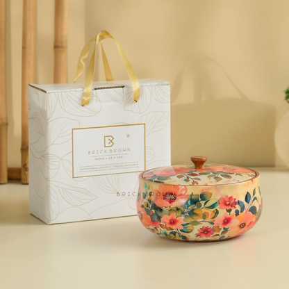 Brick Brown Handcrafted Enamel Coated Wooden Pastel Flora Roti Box