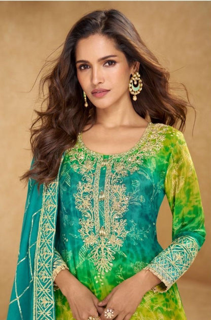 Anaita Blue Chinon Stitched Suit With Embroidery Work