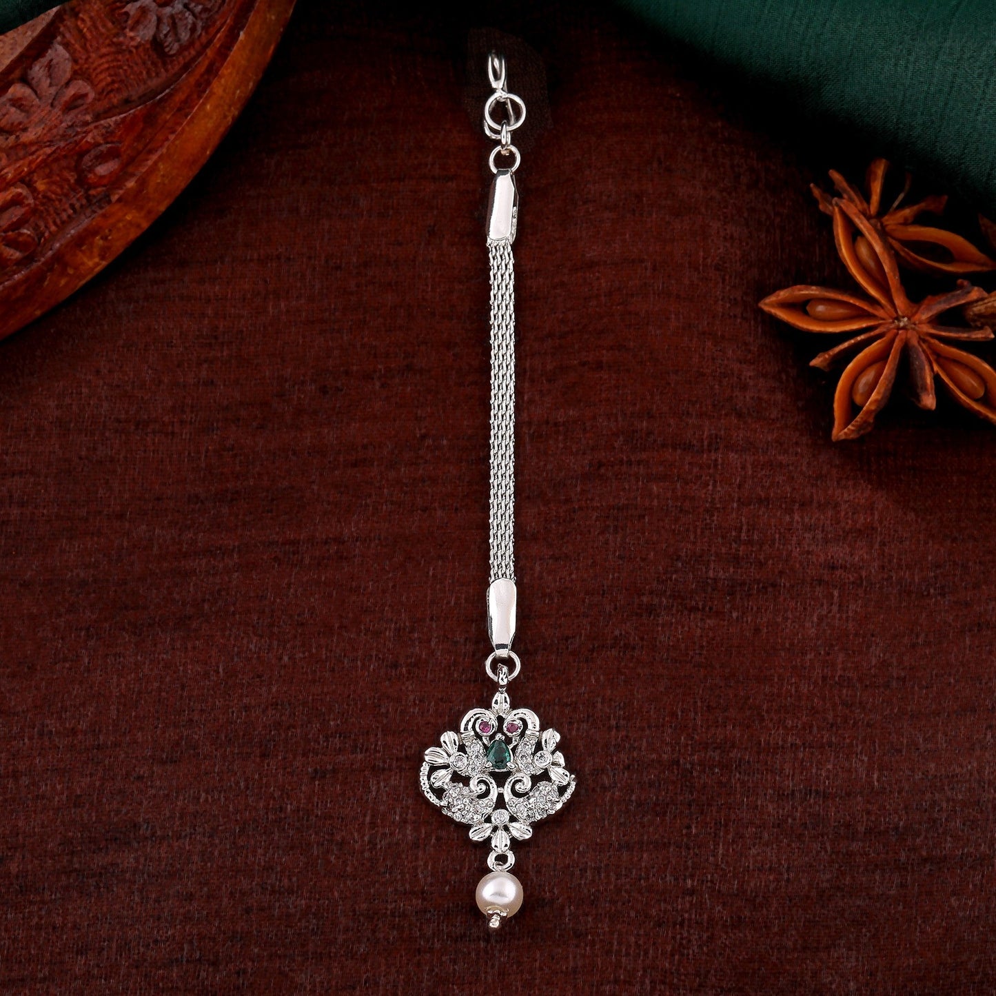 Estele Rhodium Plated CZ Entwined Peacock Designer Maang Tikka with Pearl for Women