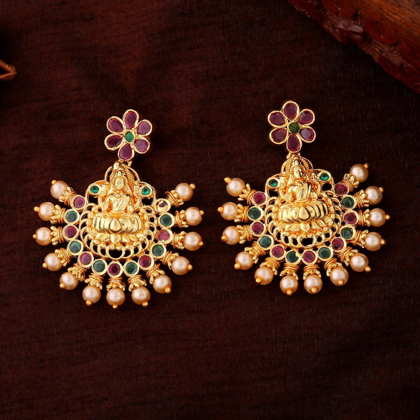 Estele Gold Plated CZ Traditional Lakshmi Devi Designer Earrings with Pearls for Women