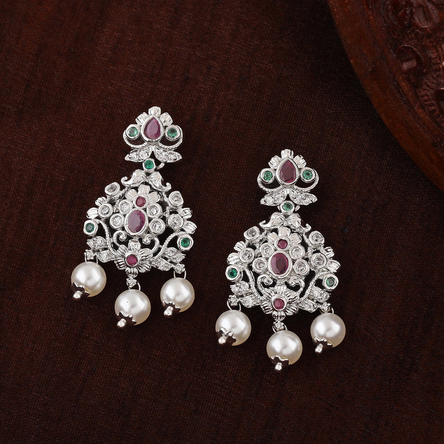 Estele Rhodium Plated CZ Traditional Glory Bridal Earrings with Pearls for Women