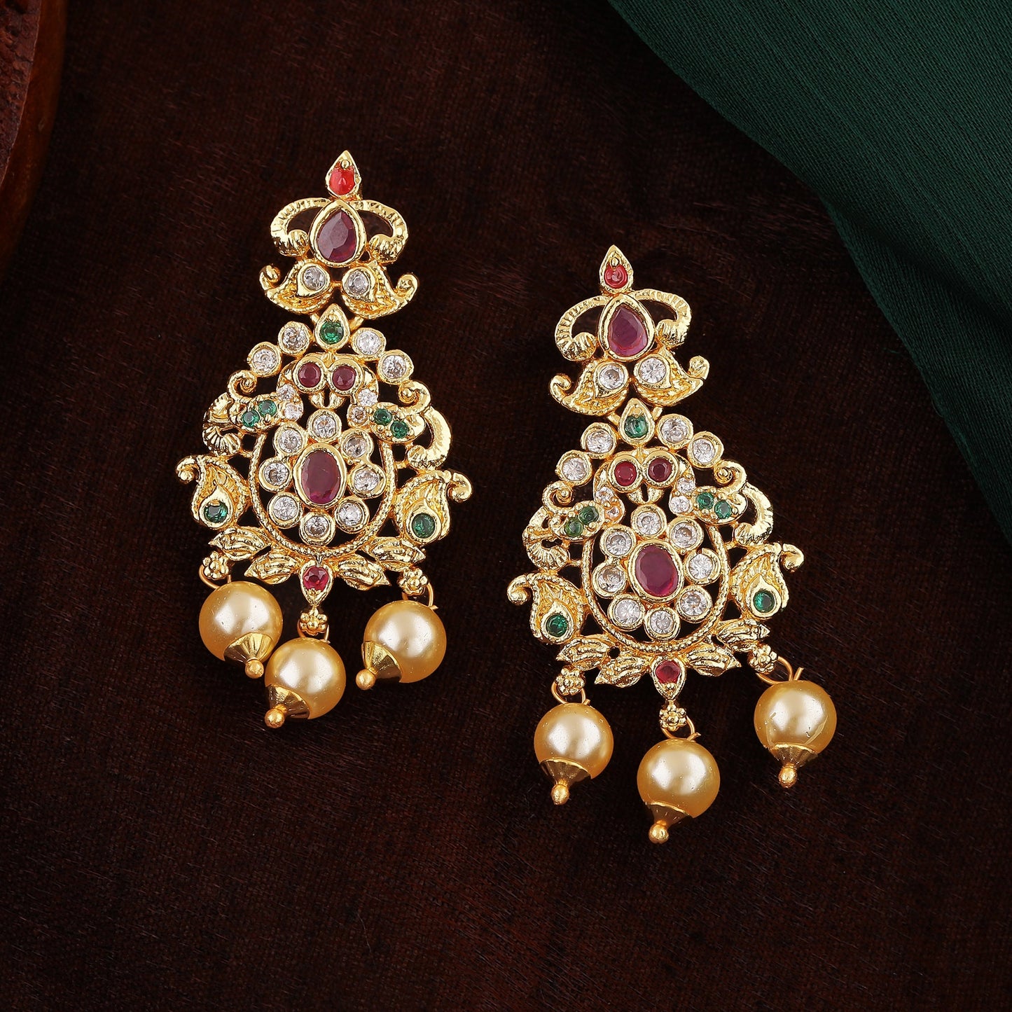 Estele Gold Plated CZ Enchanting Bridal Earrings with Pearl & Multi Color Stones for Women