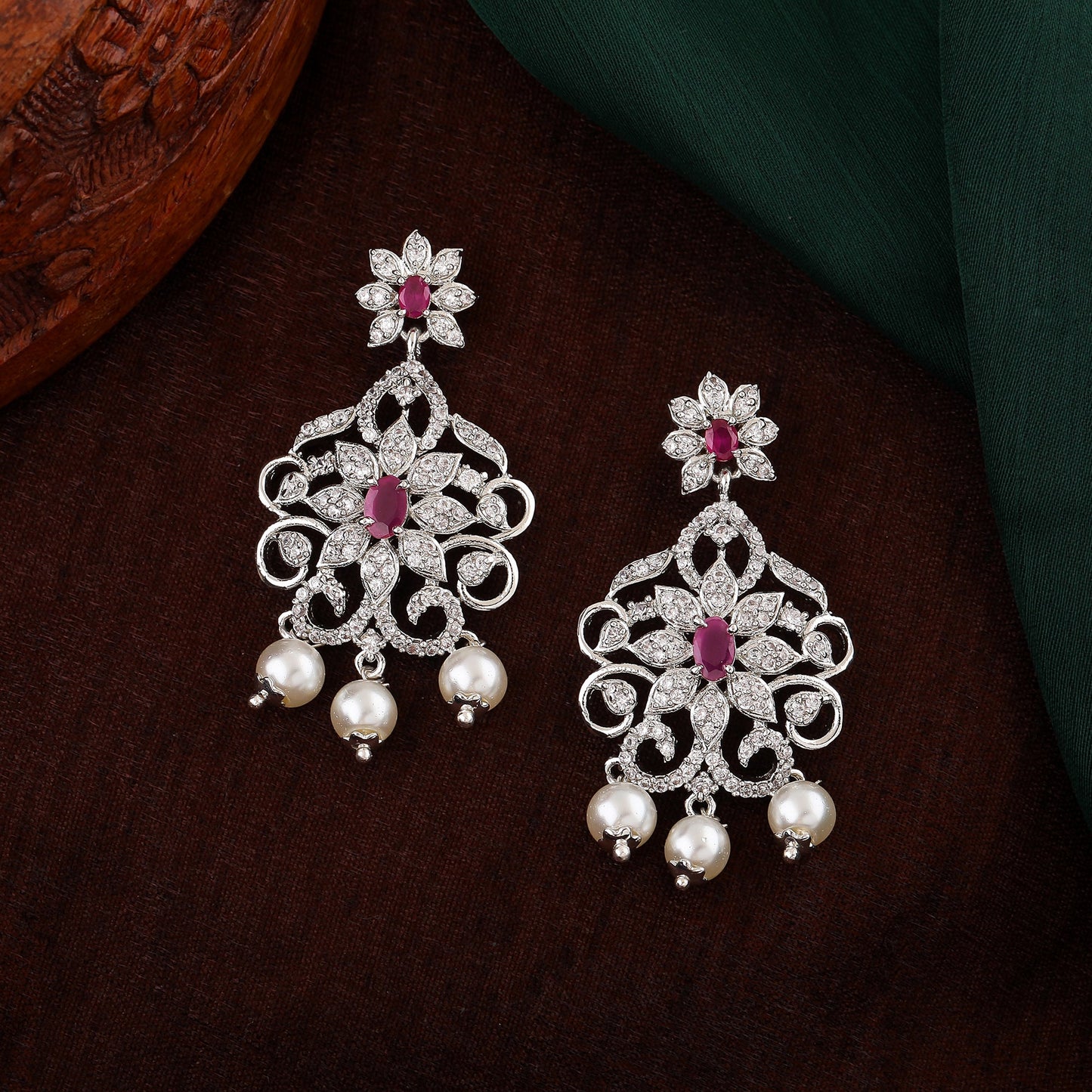 Estele Rhodium Plated CZ Fascinating Drop Earrings With Pearl & Pink Crystals For Women