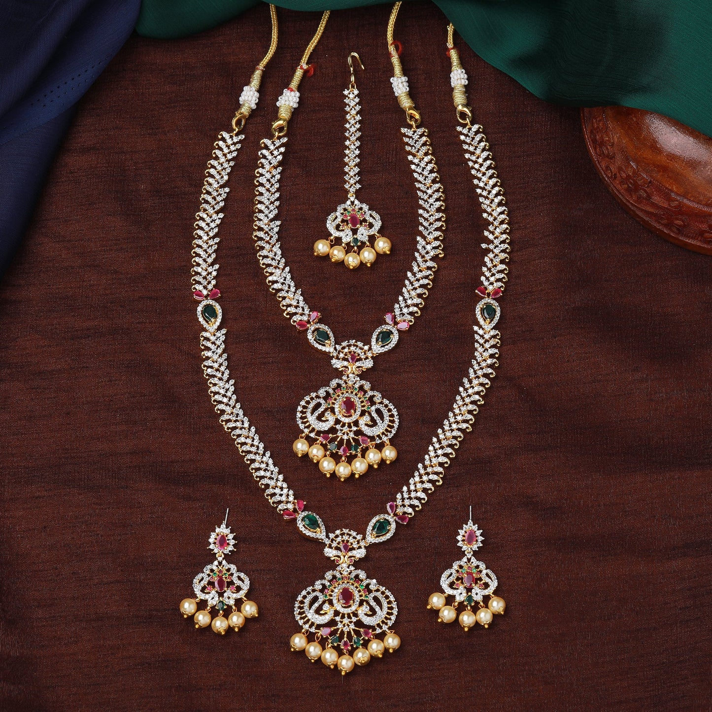 Estele Gold plated CZ Traditional Short & Long Bridal Necklace set with color stones & pearls for Women