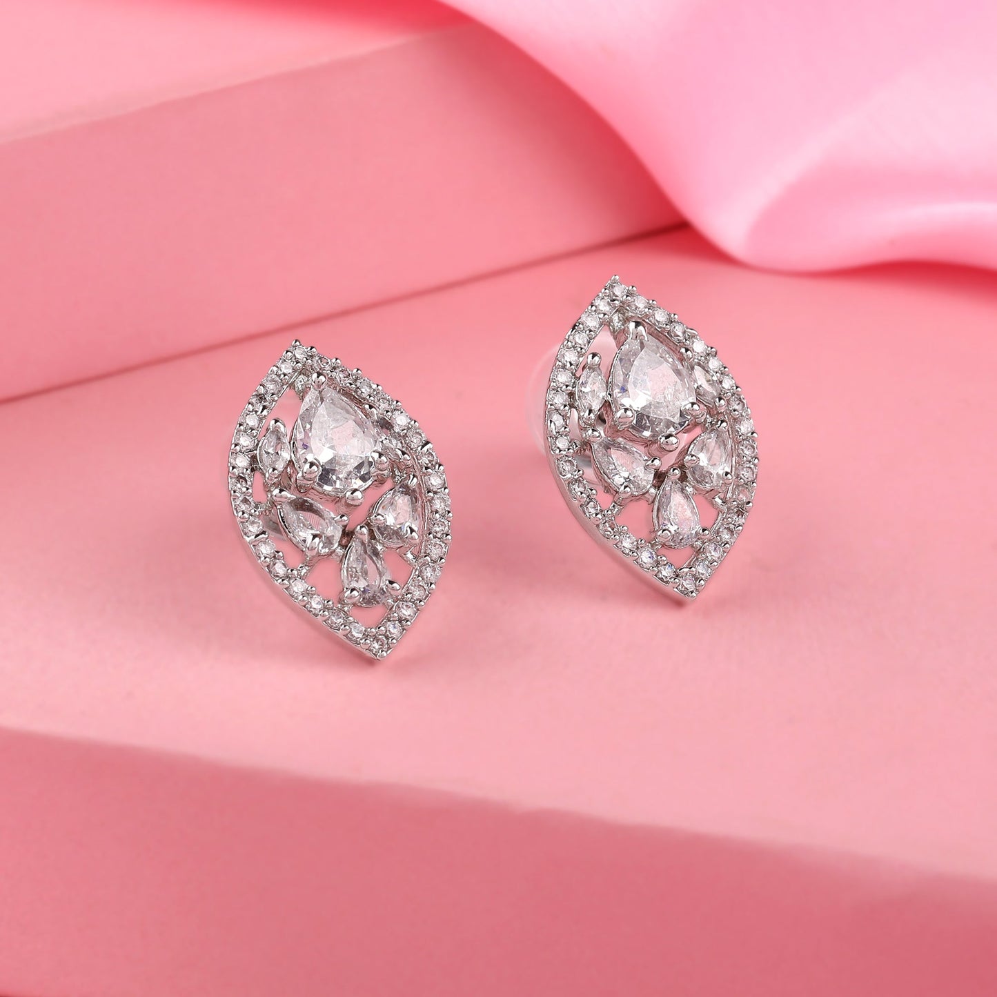 Estele Rhodium Plated CZ Leaf Shaped Stud Earrings for Women