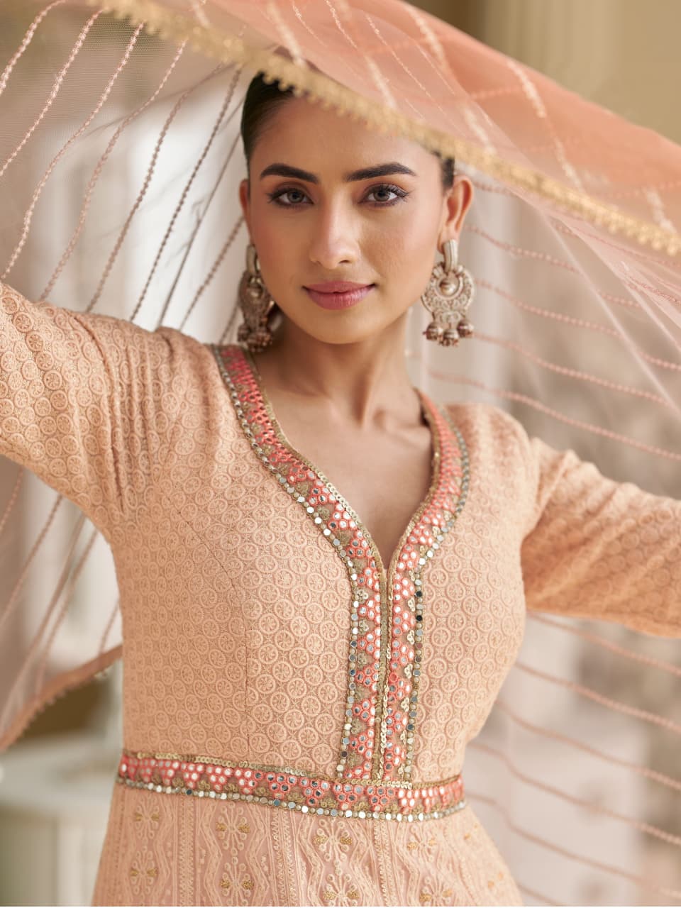Anaita Peach Georgette Stitched Anarkali Suit with Embroidery & Sequence Work