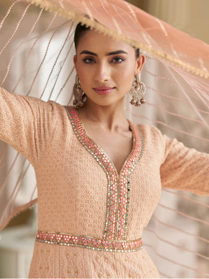 Anaita Peach Georgette Stitched Anarkali Suit with Embroidery & Sequence Work