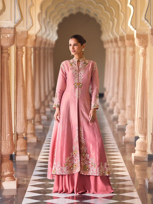Evanik Pink Silk Blend with Digital Print with Embroidered Beads Work Shrug, Top with Palazzo
