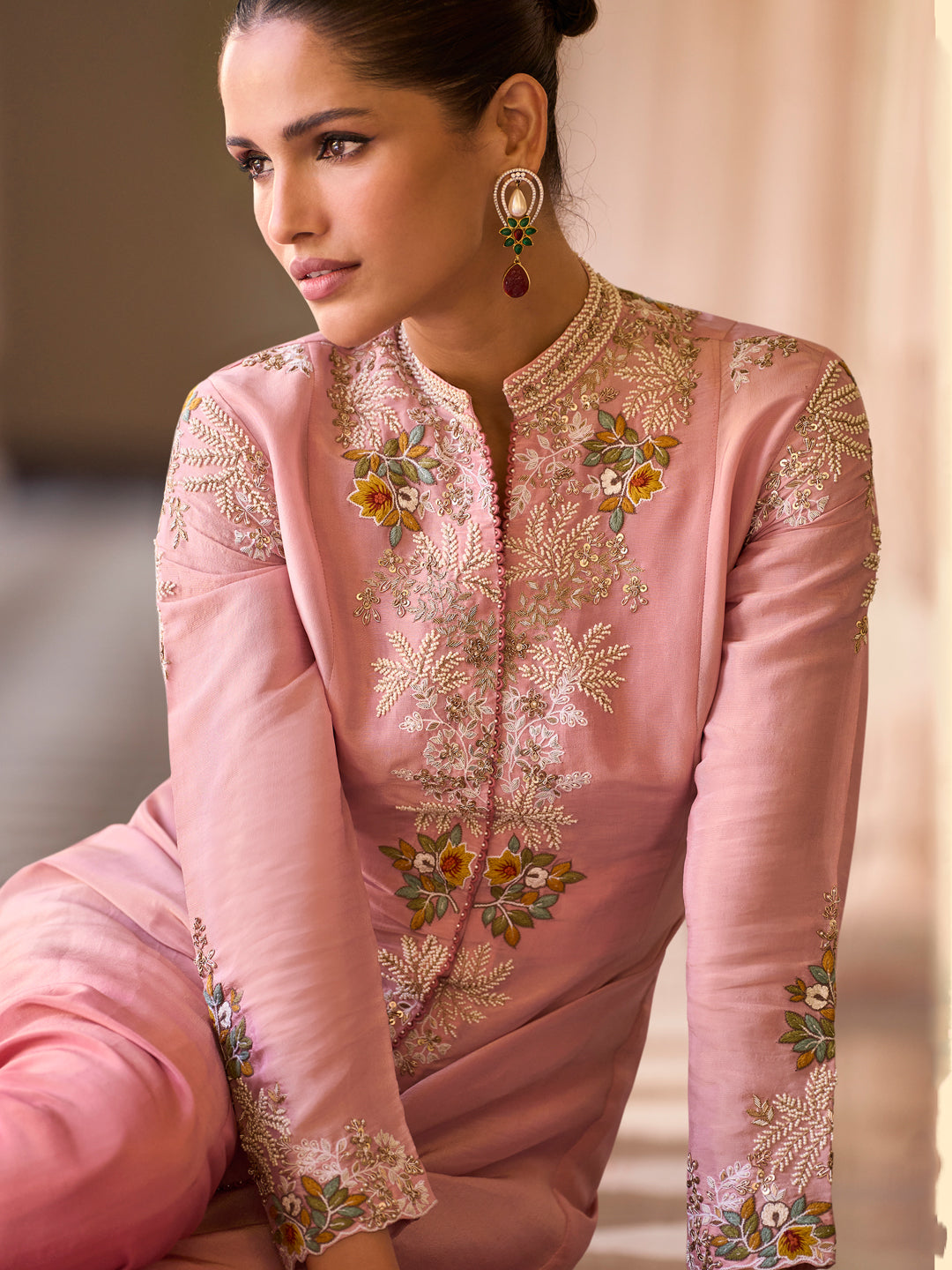 Evanik Pink Silk Blend with Digital Print with Embroidered Beads Work Shrug, Top with Palazzo