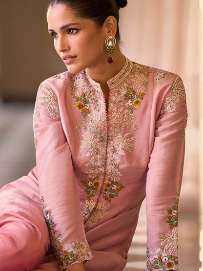 Evanik Pink Silk Blend with Digital Print with Embroidered Beads Work Shrug, Top with Palazzo