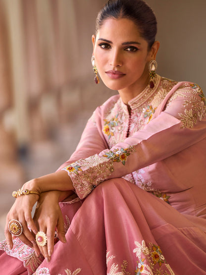Evanik Pink Silk Blend with Digital Print with Embroidered Beads Work Shrug, Top with Palazzo