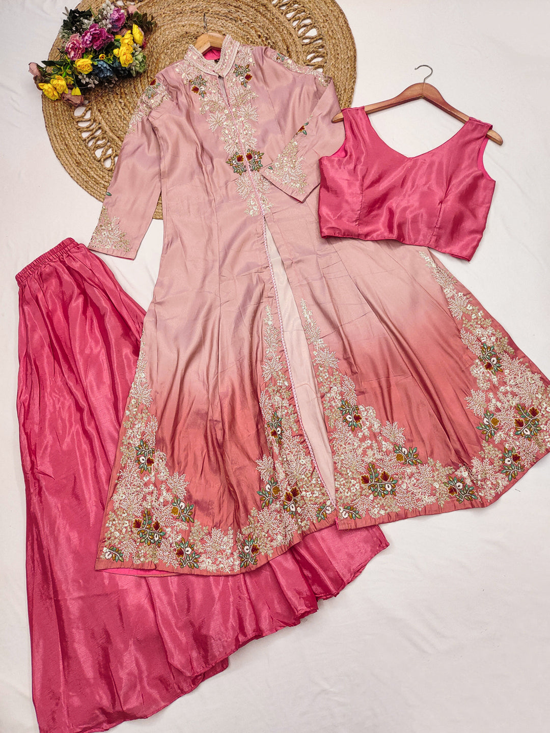 Evanik Pink Silk Blend with Digital Print with Embroidered Beads Work Shrug, Top with Palazzo