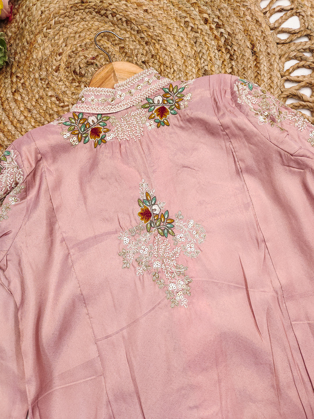 Evanik Pink Silk Blend with Digital Print with Embroidered Beads Work Shrug, Top with Palazzo