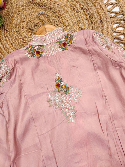 Evanik Pink Silk Blend with Digital Print with Embroidered Beads Work Shrug, Top with Palazzo