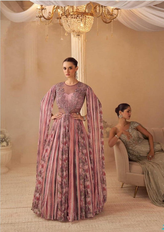 Anaita Pink Chinon Silk Stitched Gown With Embroidery Work