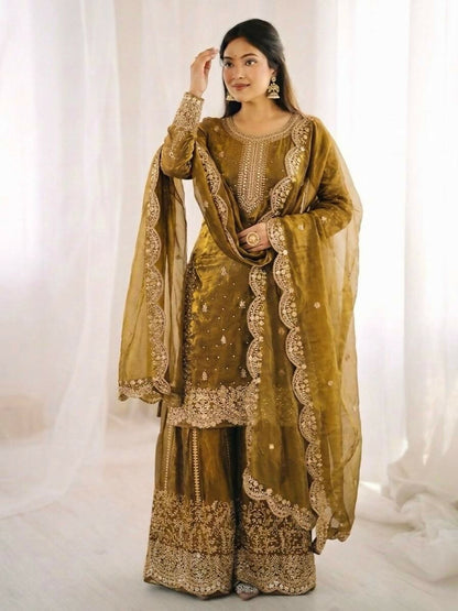 Teeya Creation Womens New Trendy Embroidery Coding And Sequence Work Gold Kurta Set