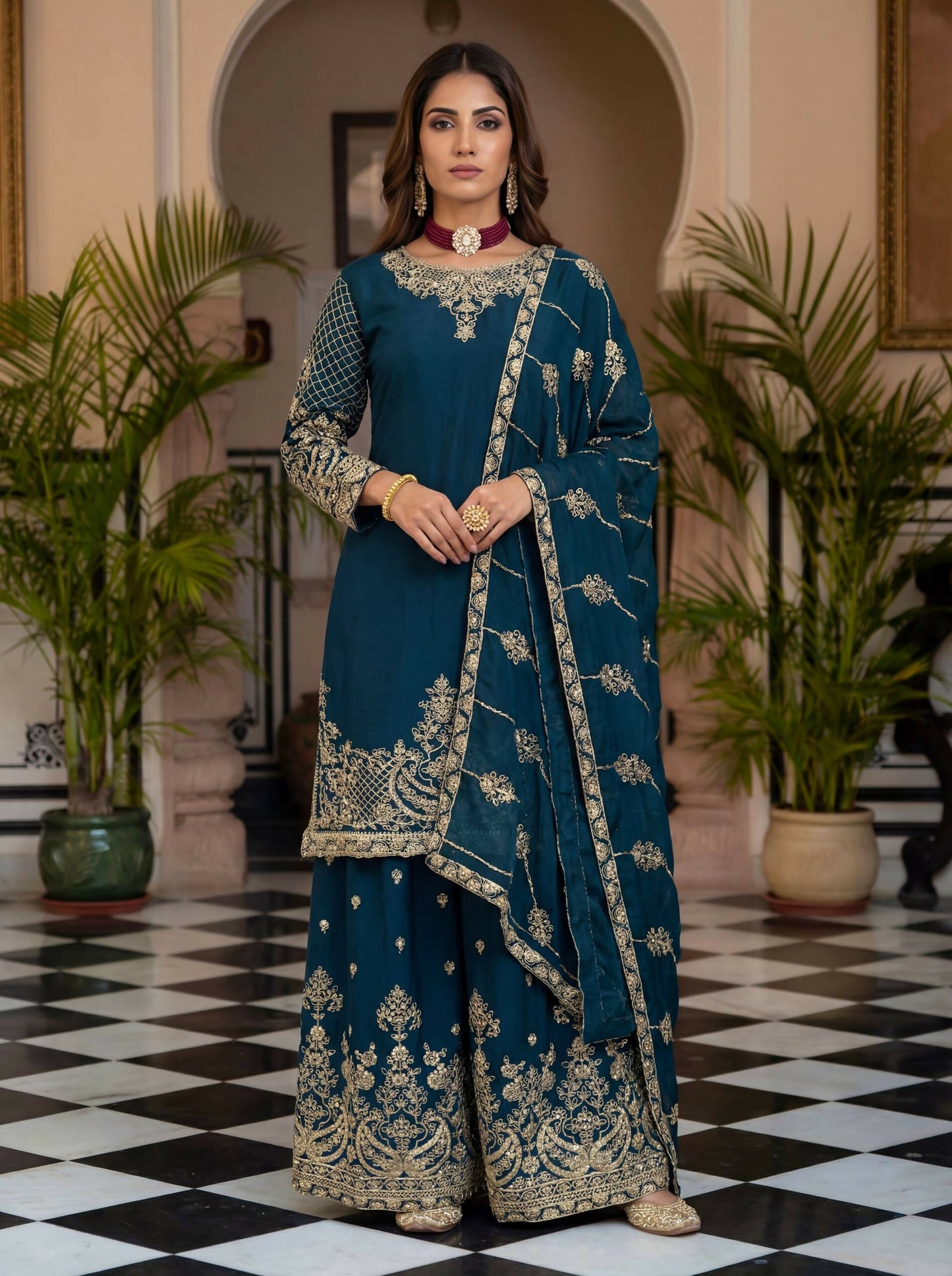 Teeya Creation New Trendy Traditional Wear Sharara with Heavy Border Dupatta Set - Teal