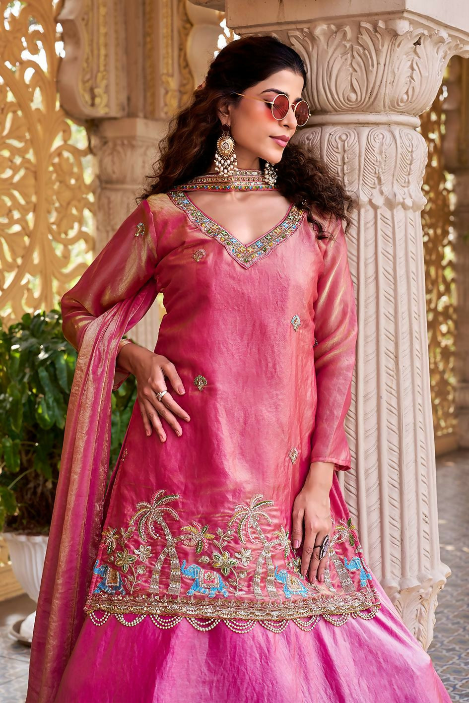 Teeya Creation Womens New Stylish Moti Beads With Cording Sequence Thread Embroidery Work Pink Kurta Set
