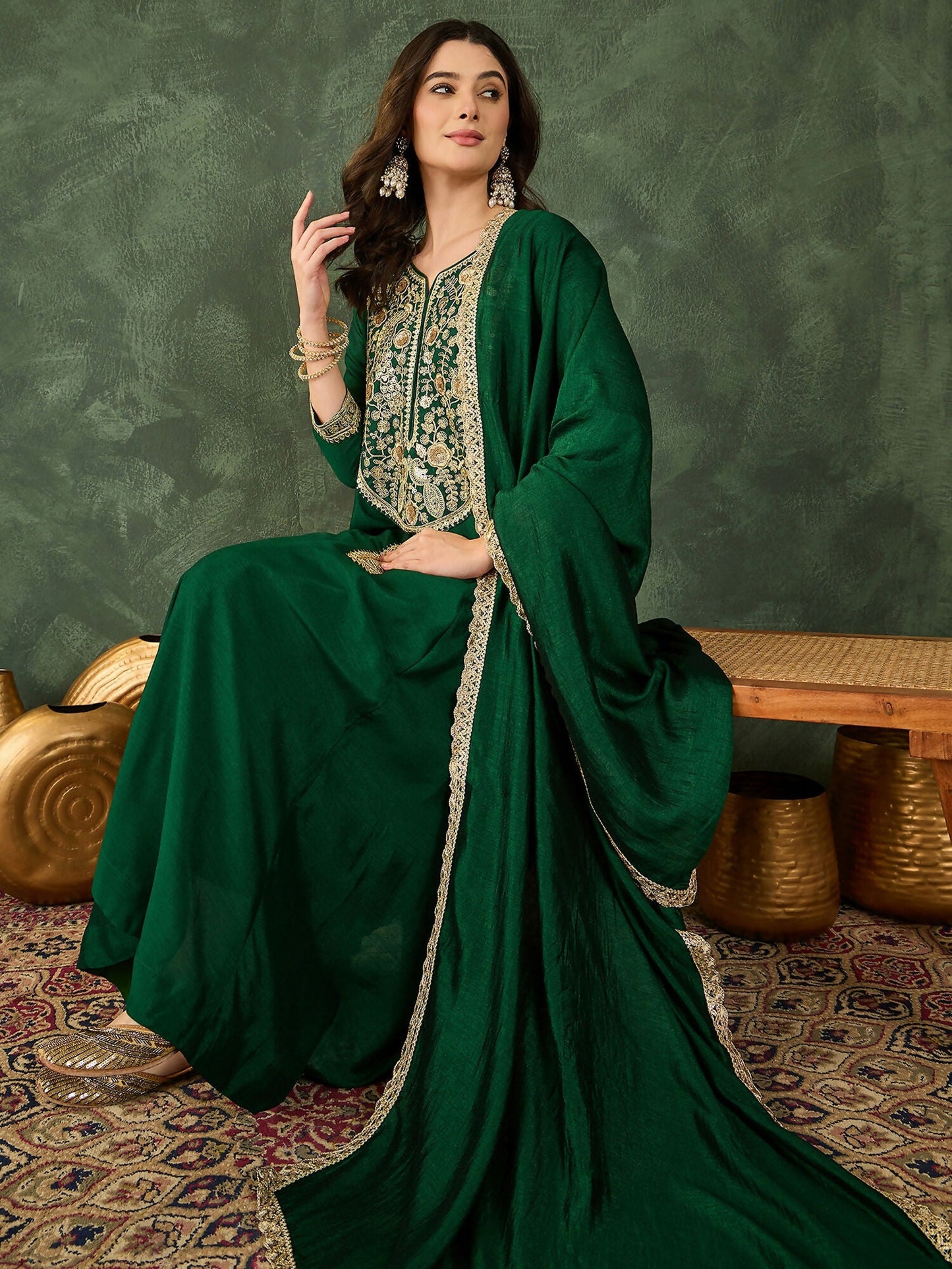 The52 Women's Beautiful Embroidery Work Vichitra Silk Fabric Flared Kurta Pant and Dupatta Set-Green