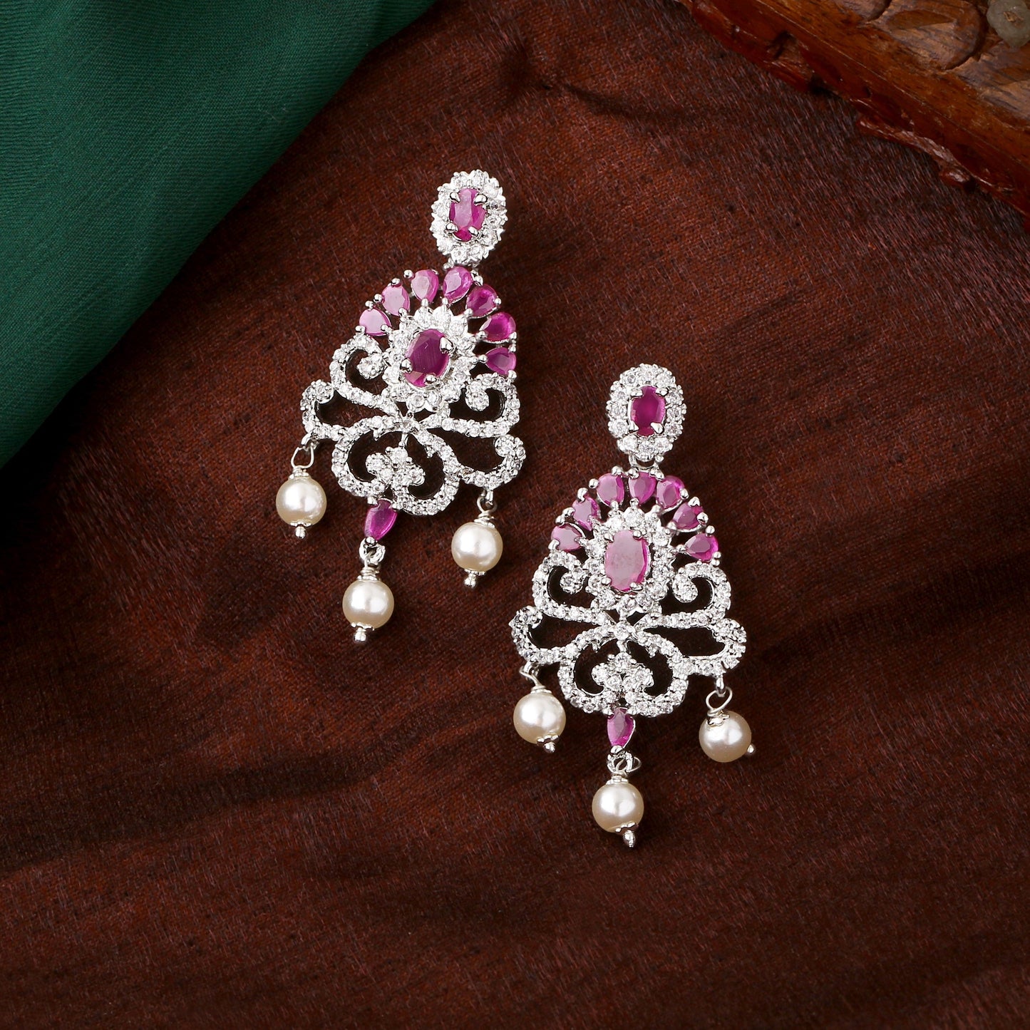 Estele Rhodium Plated CZ Tiara Earrings with Pearl & Ruby Crystals for Women