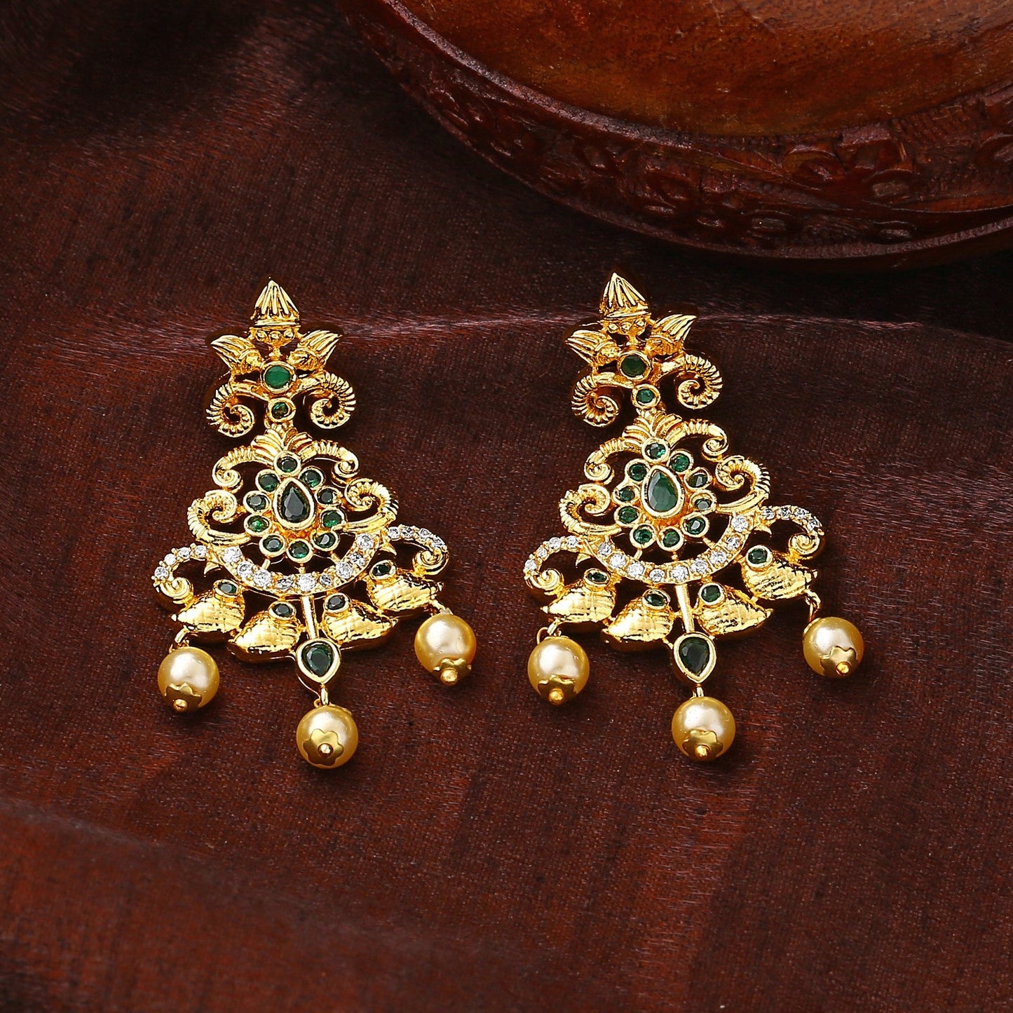 Estele Gold Plated CZ Swirling Symphony Earrings with Pearl & Green Crystals for Women