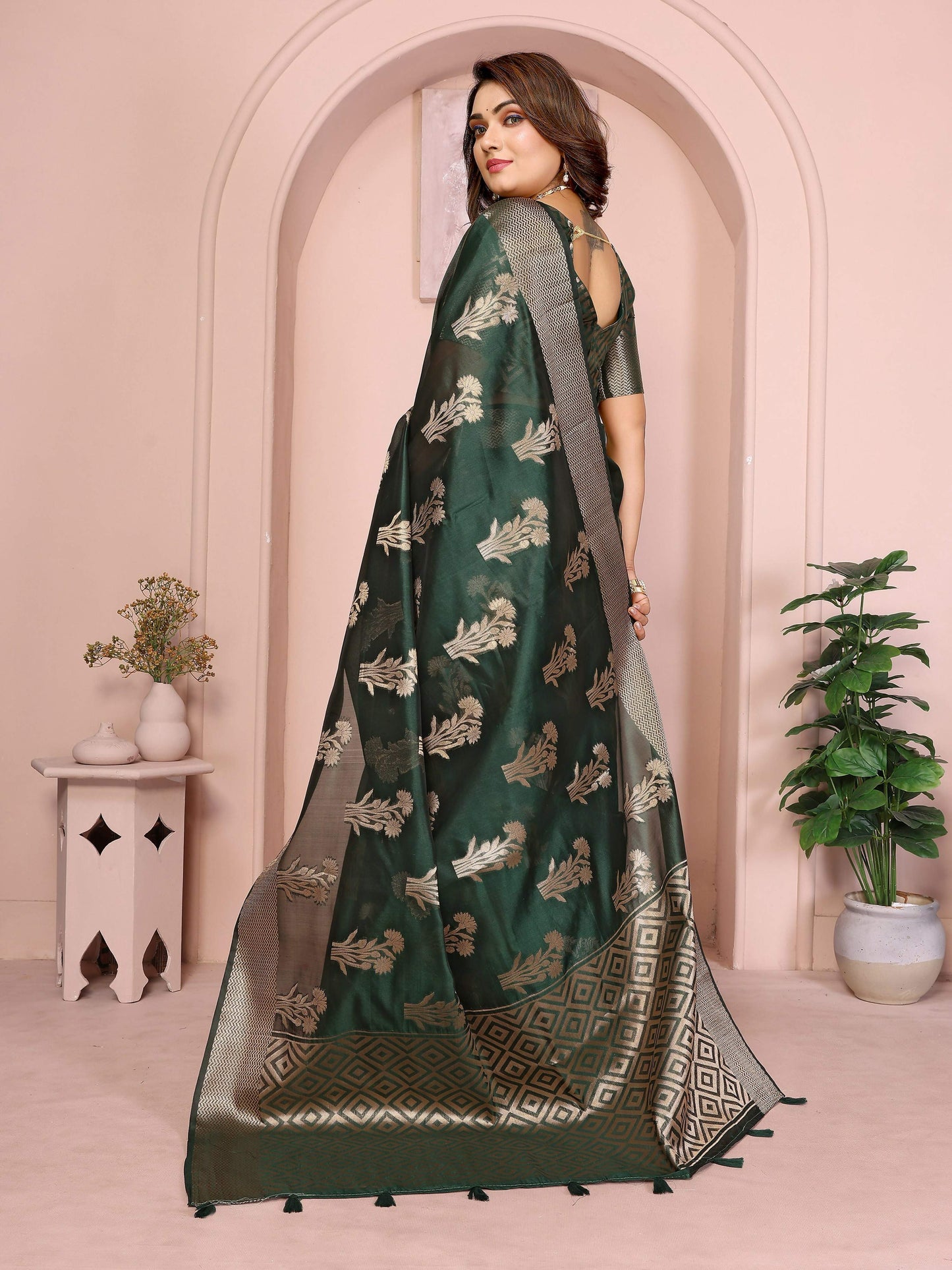 Aastha Fashion Dark Green Soft Organza Silk Weaving Saree
