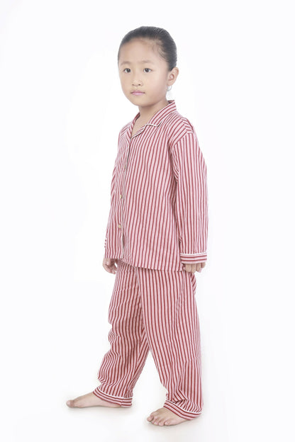 Breathables Kids Cotton Night Suit  Red & White Striped Shirt & Pyjama Co-Ord Set For Boys & Girls