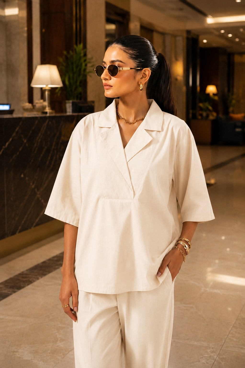 Aayaa Designer Pure Cotton Cord Set-Off White