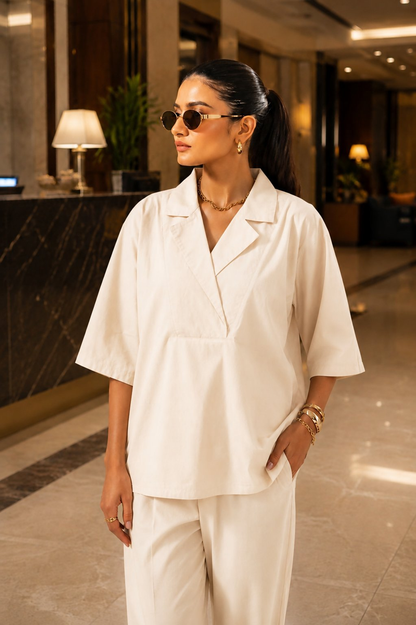 Aayaa Designer Pure Cotton Cord Set-Off White
