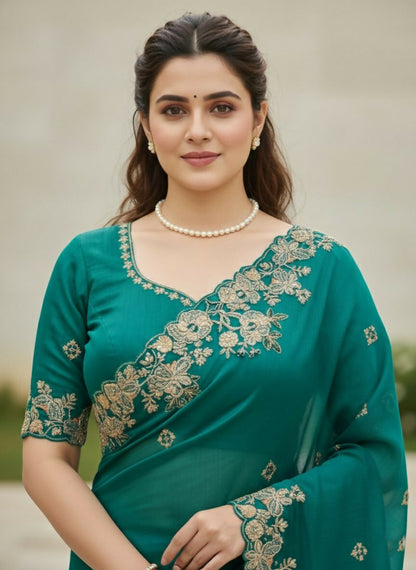 Teeya Creation New Trendy Party Wear Soft Silk Saree-Teal