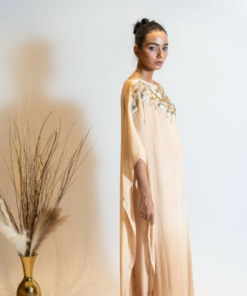 Timaraa Champagne Beige Ombre Embellished Georgette Kaftan Dress