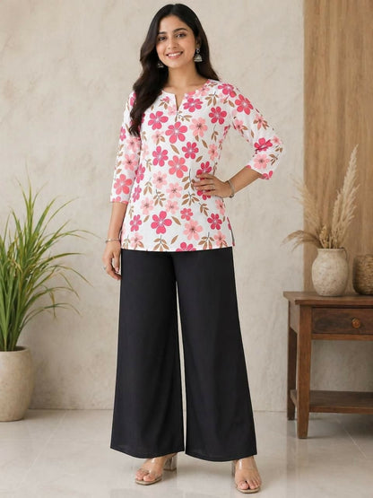 Teeya Creation Women White & Rani Pink Bold Floral Printed Cotton Kurti with Black Wide-Leg Palazzo Set
