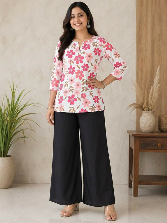 Teeya Creation Women White & Rani Pink Bold Floral Printed Cotton Kurti with Black Wide-Leg Palazzo Set