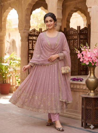 Teeya Creation Elegant Pink Embroidered Anarkali Kurta Set With Mirror Work Dupatta