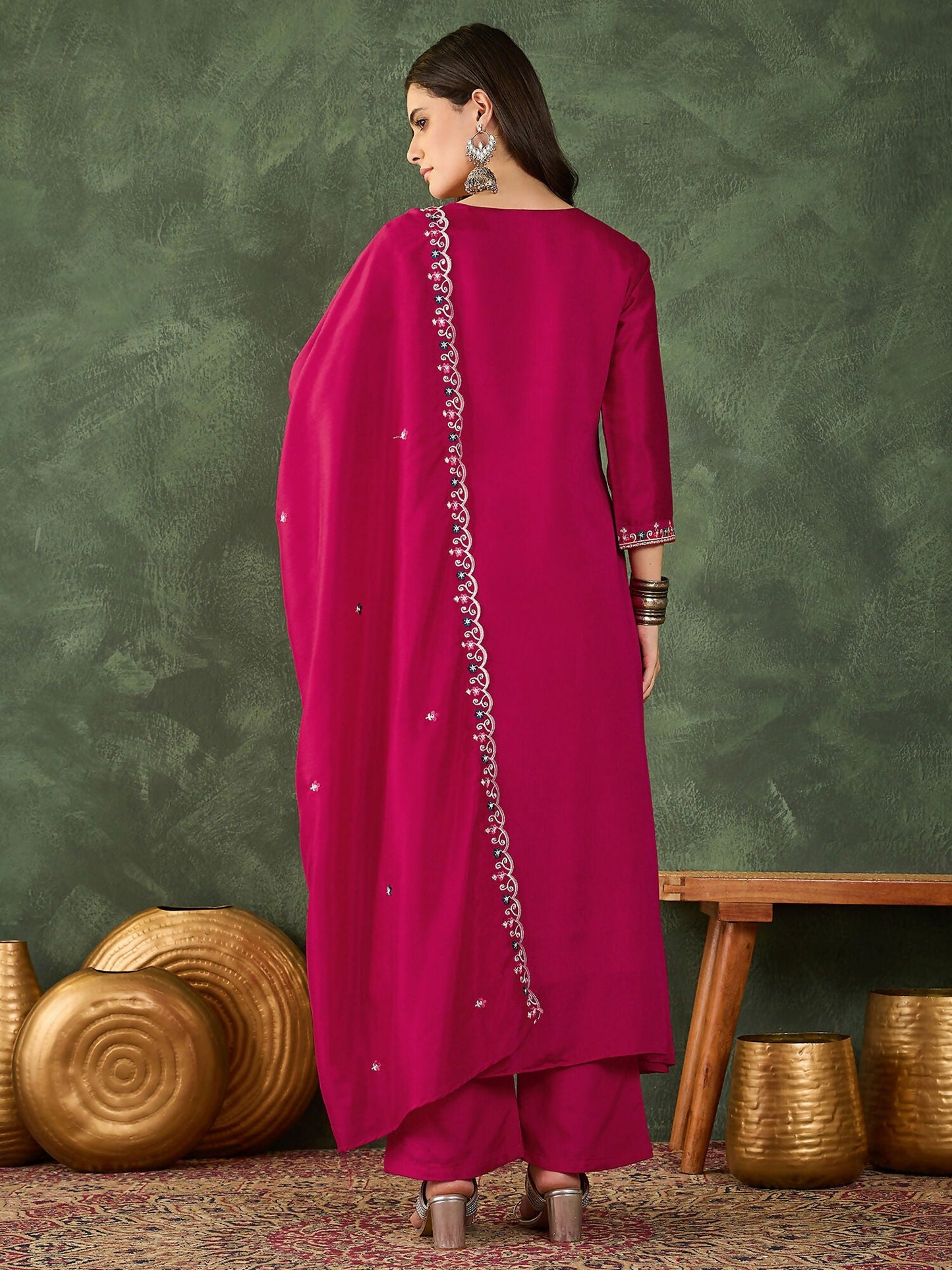 The52 Women's Gorgeous Embroidery Work Vichitra SIlk Fabric Flared Kurta Pant and Dupatta Set-Rani
