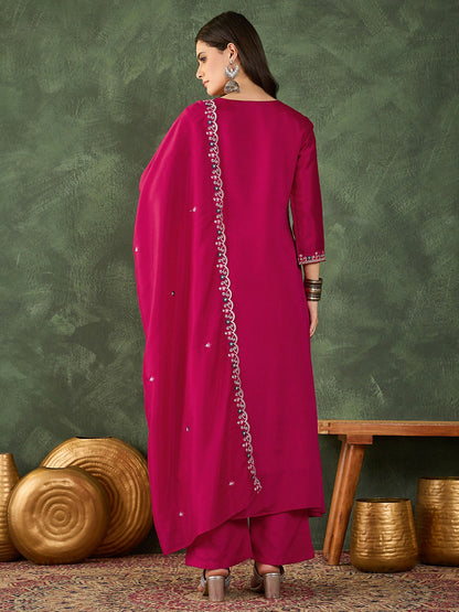 The52 Women's Gorgeous Embroidery Work Vichitra SIlk Fabric Flared Kurta Pant and Dupatta Set-Rani