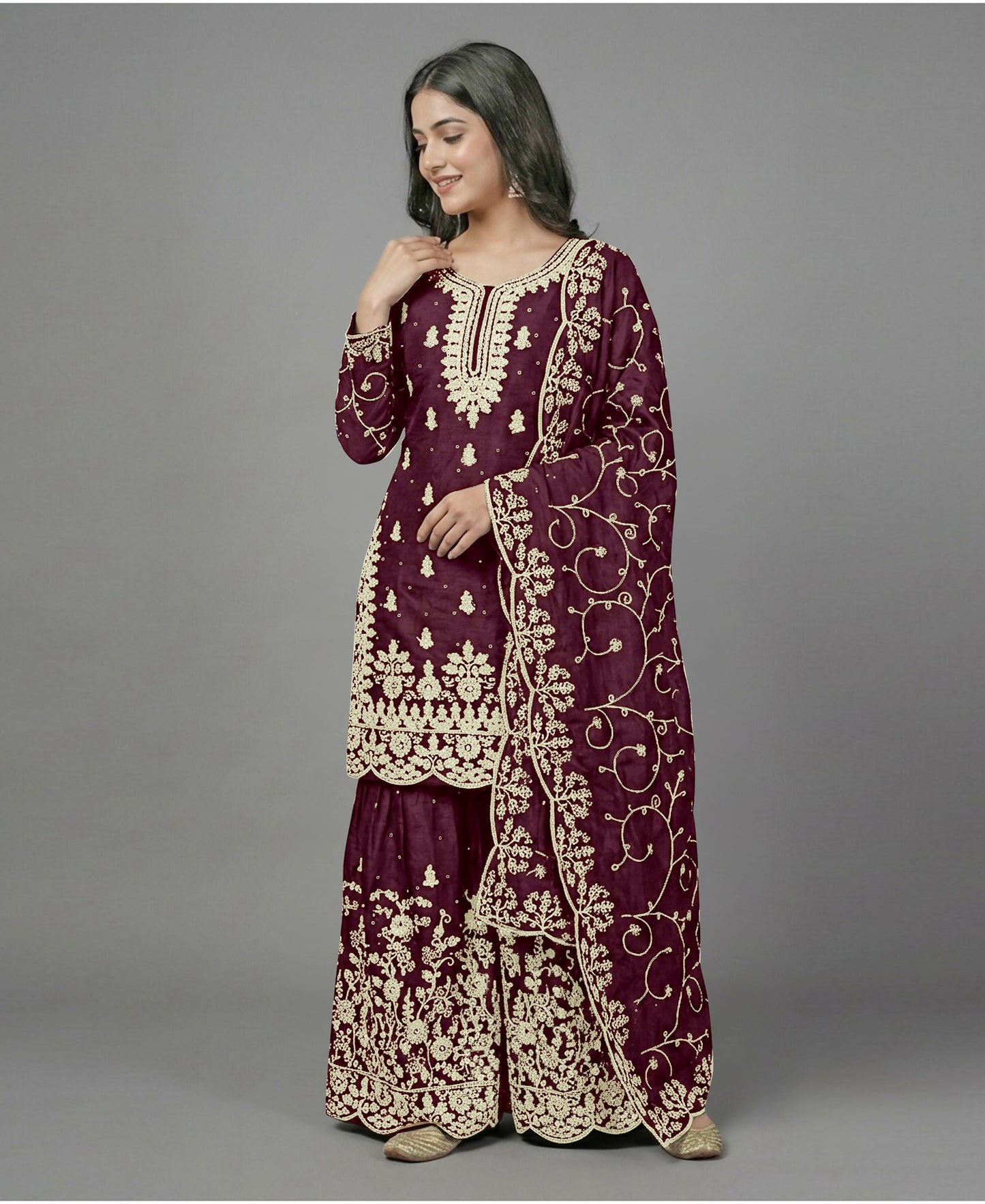 Teeya Creation Womens New Trendy Pure Gmy Silk With Heavy Embroidery Sequence Work Purple Kurta Set